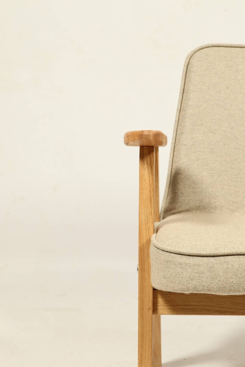 Scandinavian armchair beige wool natural oak wood chair design by Chierovski