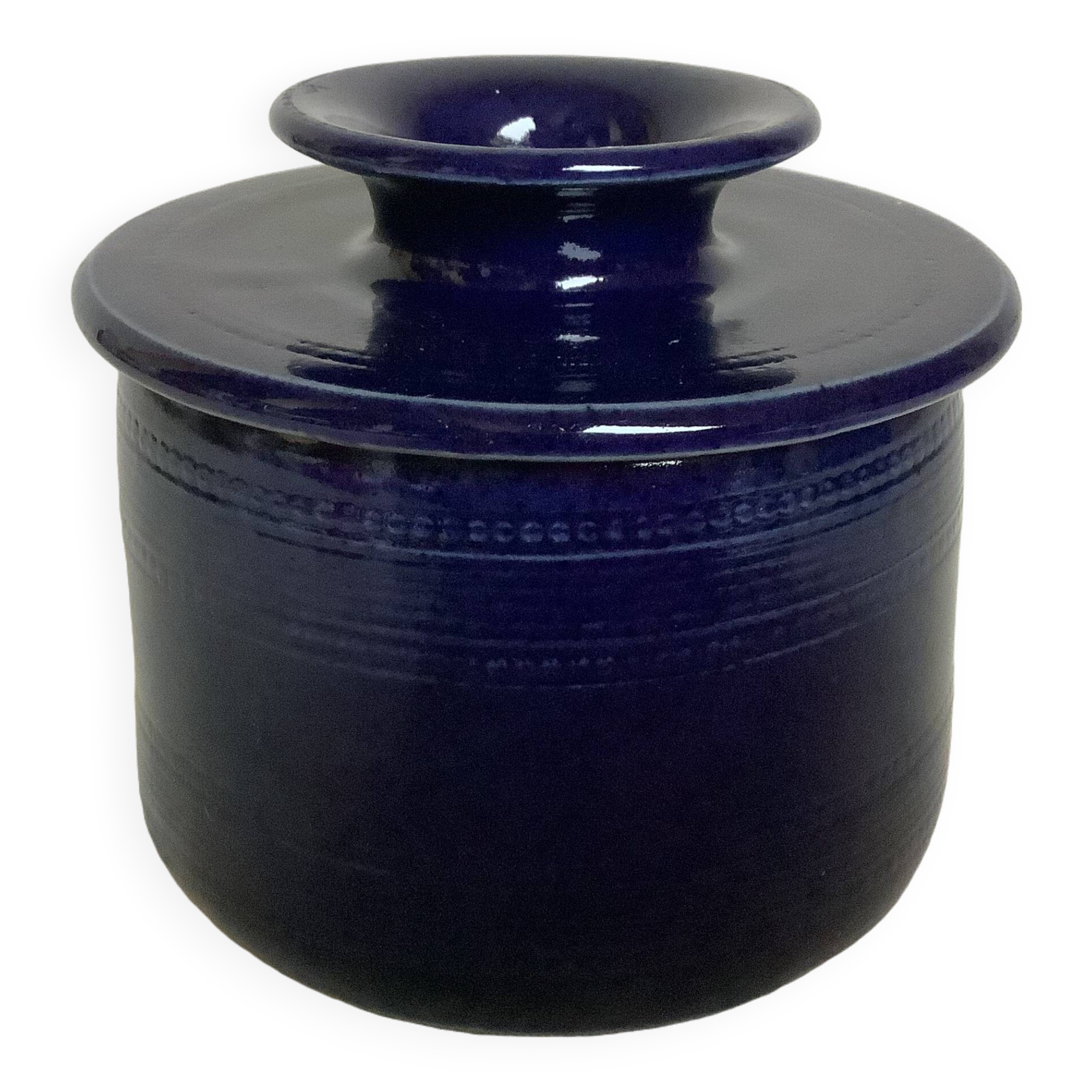 Blue stoneware water butter dish