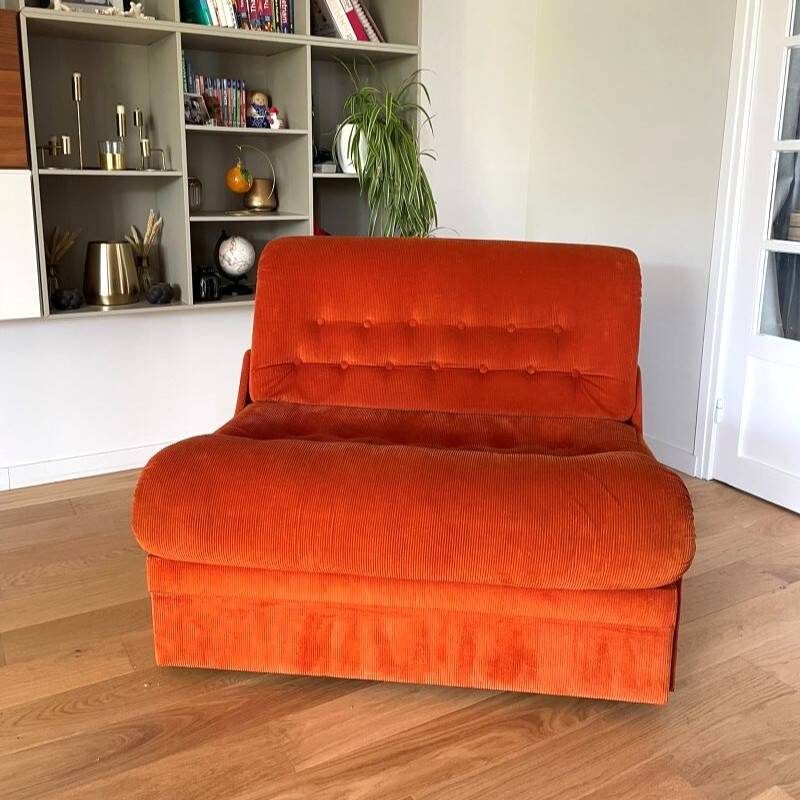 Orange corduroy convertible armchair, 1970s