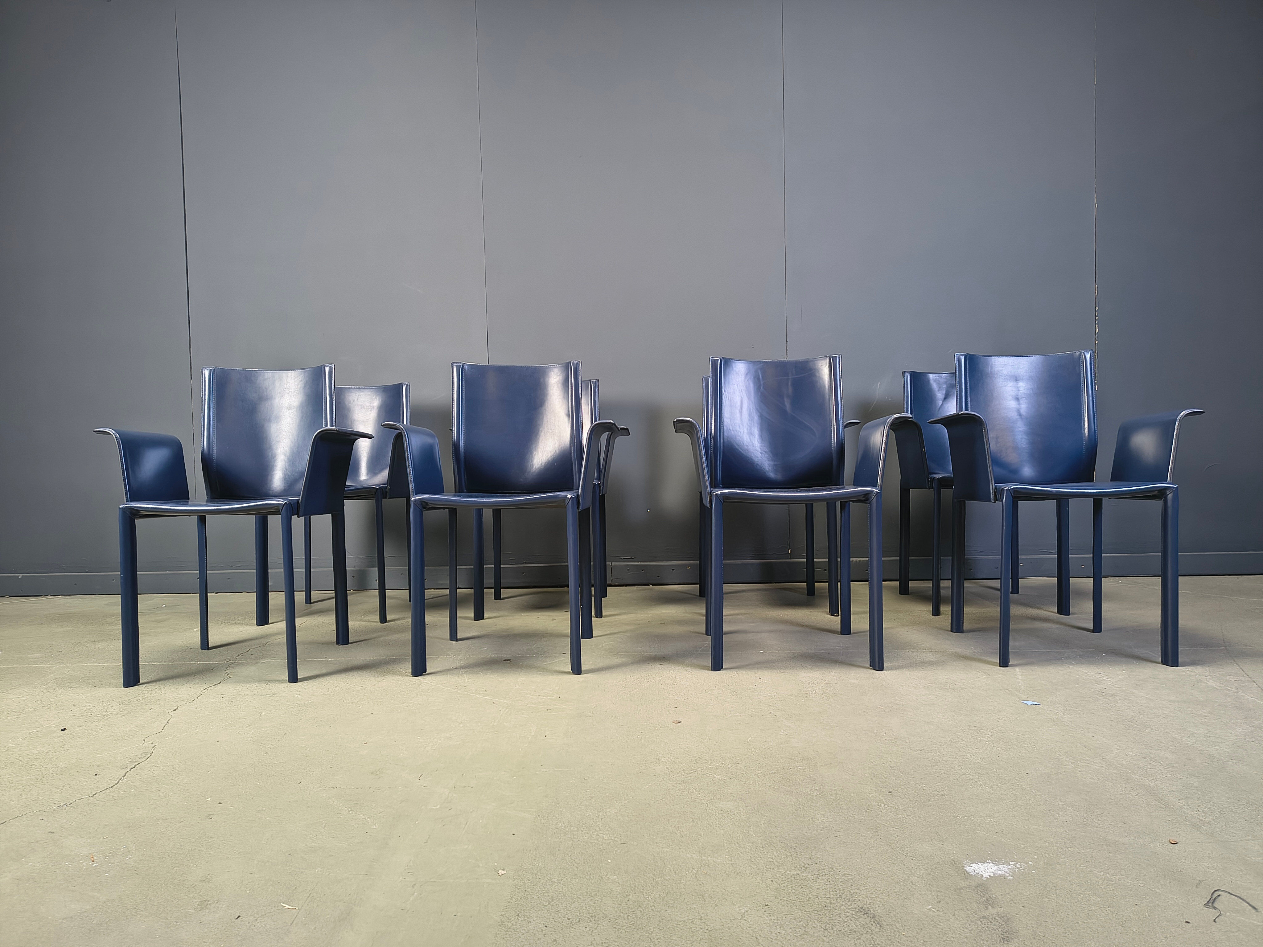 Postmodern blue leather dining chairs Italy, 1980s set of 8
