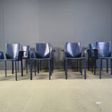 Postmodern blue leather dining chairs Italy, 1980s set of 8