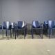 Postmodern blue leather dining chairs Italy, 1980s set of 8