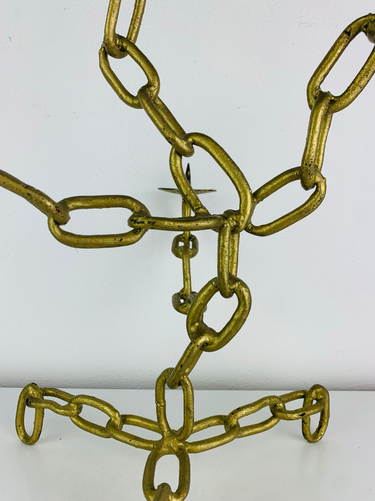 Brutalist candle holder, wrought iron, chain links, gold patina.