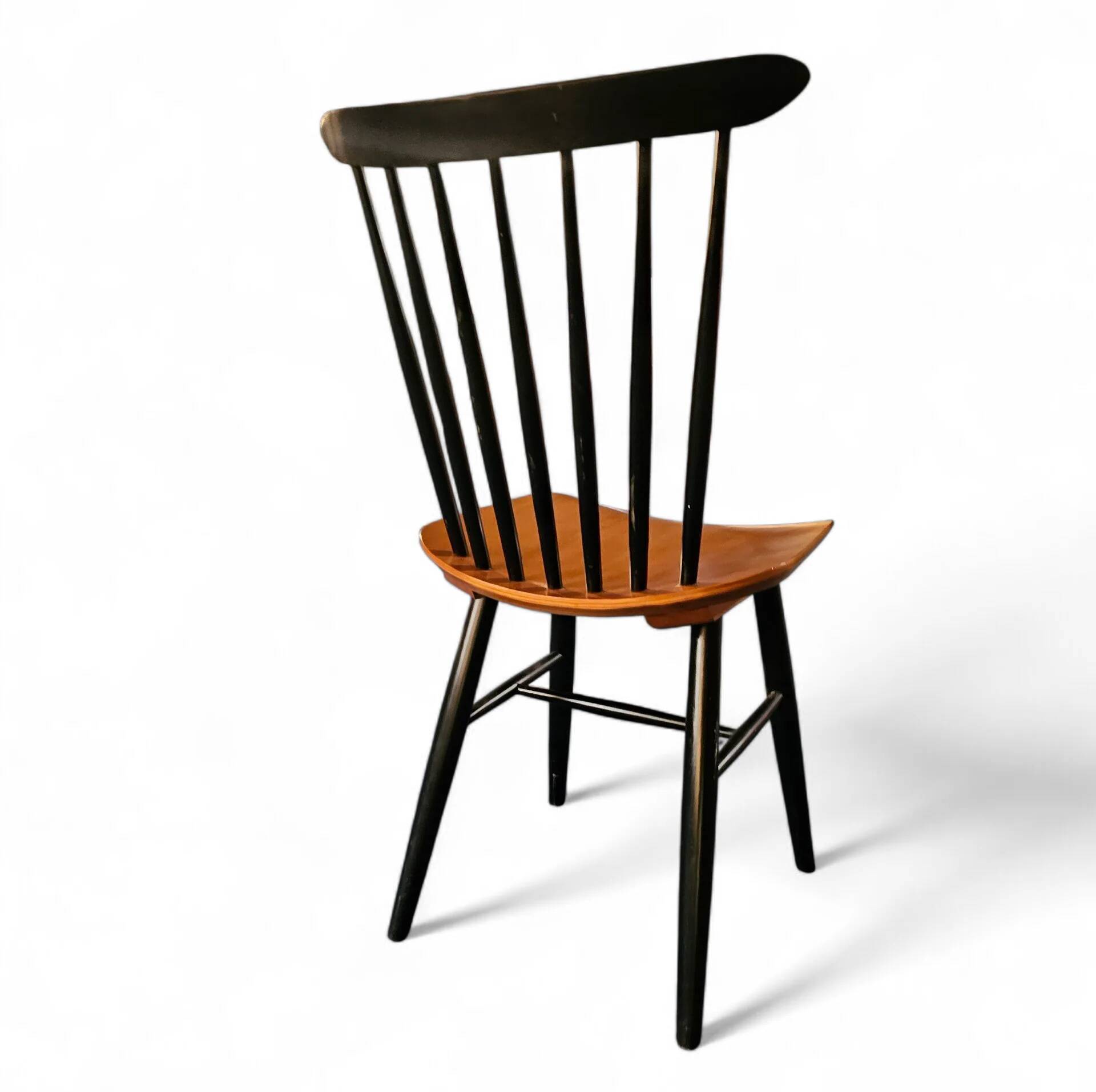 Set of 2 spindle back dining chairs, curved seating, teak wood seat, 1960s, Pastoe Holland, 1970s