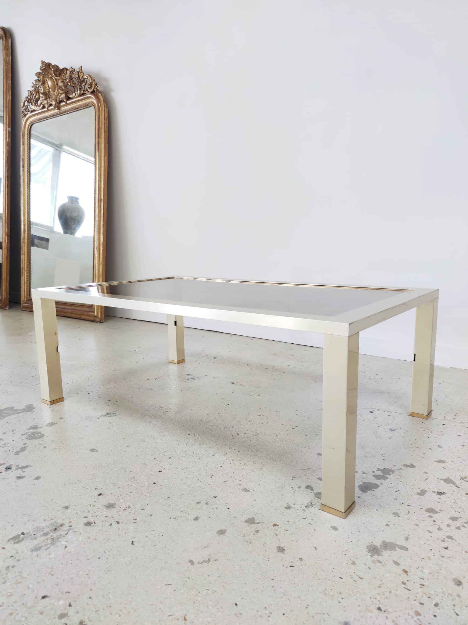 Vintage coffee table 1970s brushed metal smoked glass