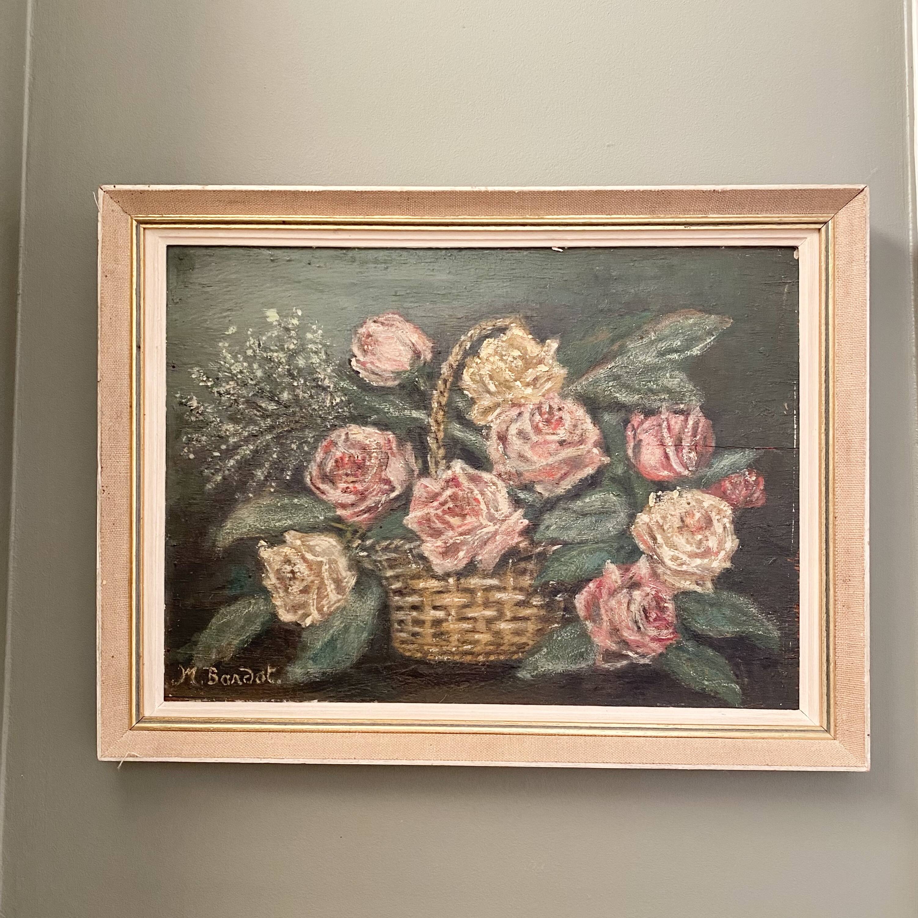 Peinture sur bois bouquet de roses signé