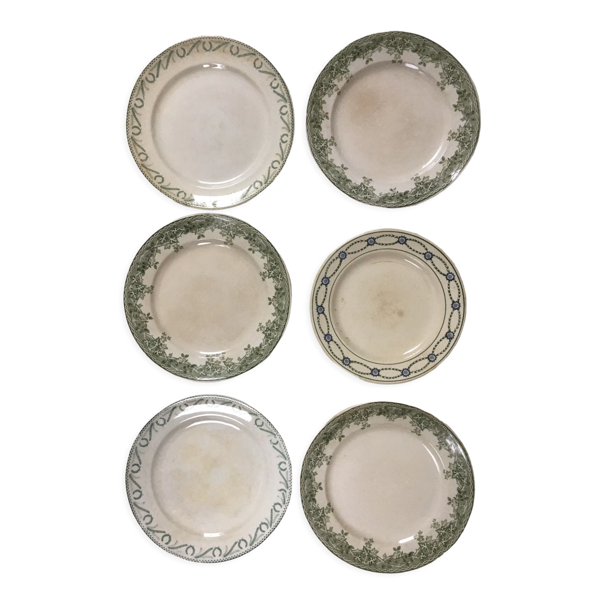 Lot 6 mismatched iron earth dessert plates