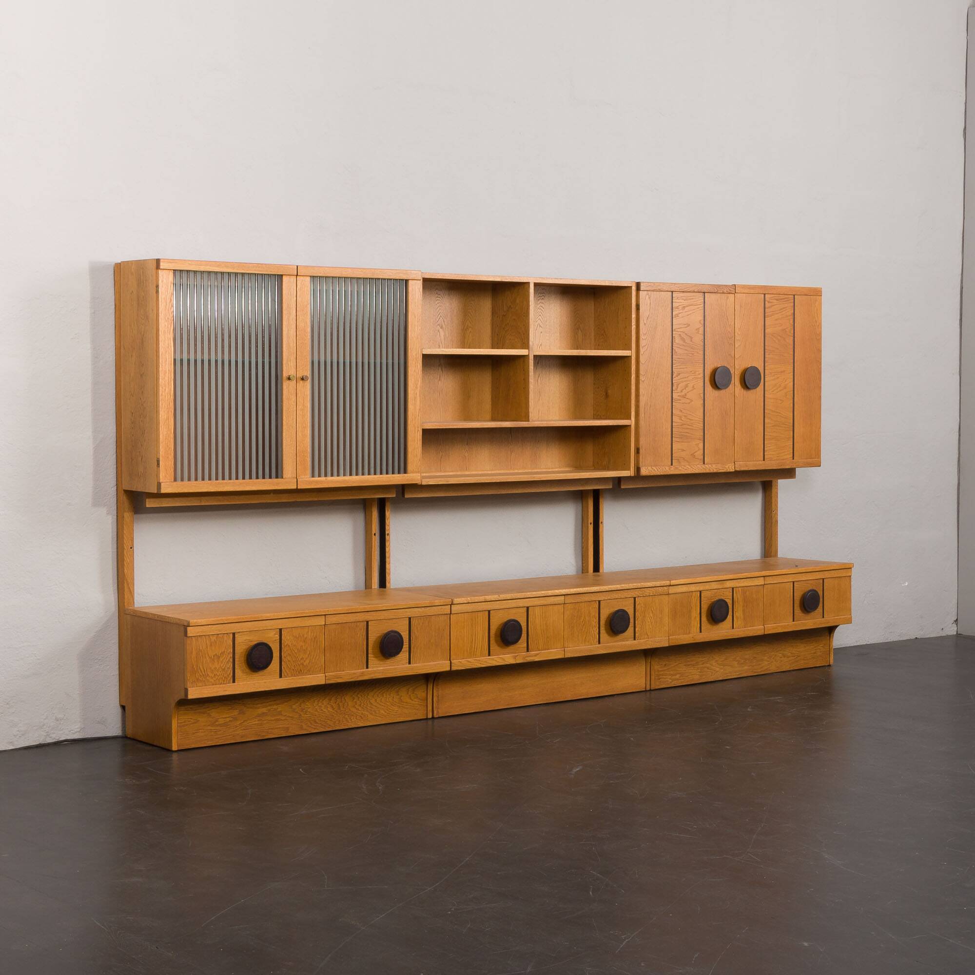 Scandinavian mid century oak wall unit with backlit, Denmark 1970s