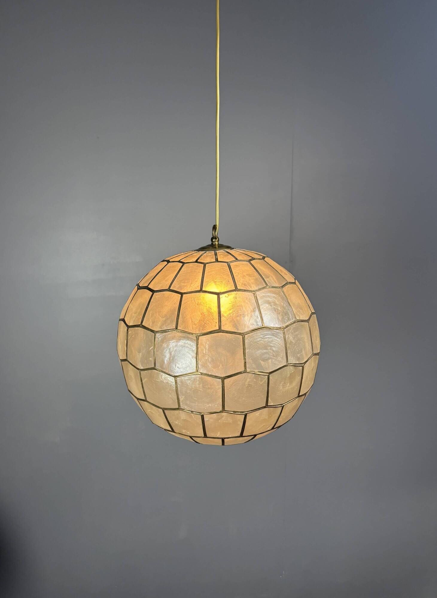 Pair midcentury mother of pearl Capiz large pendants, Feldman Lighting Co