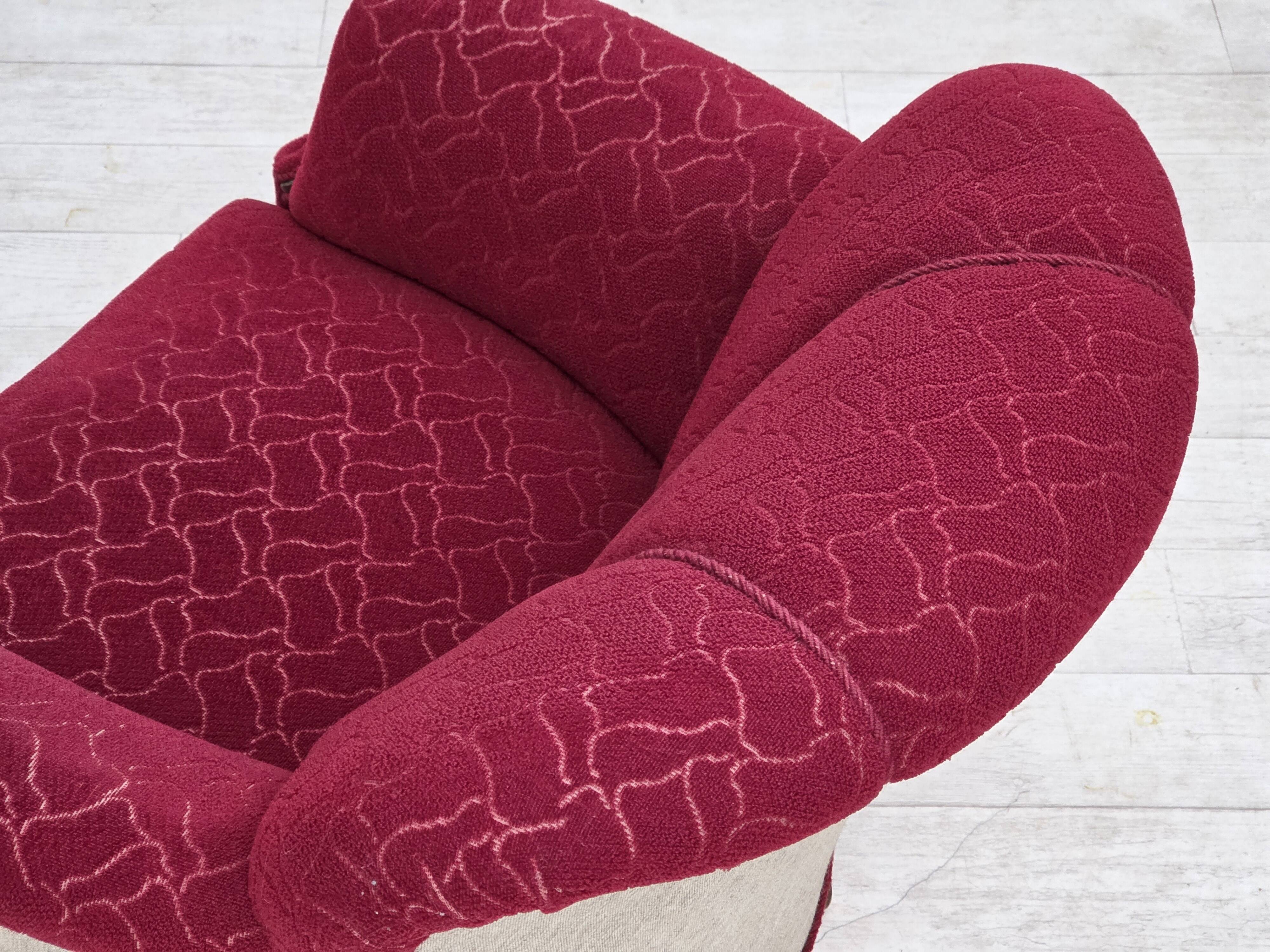 1950s, Danish armchair, red and light grey furniture wool, carved oak wood.