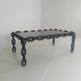 Table basse vintage brutaliste en fer noir à mailles de chaîne avec verre fumé d'origine, années 70