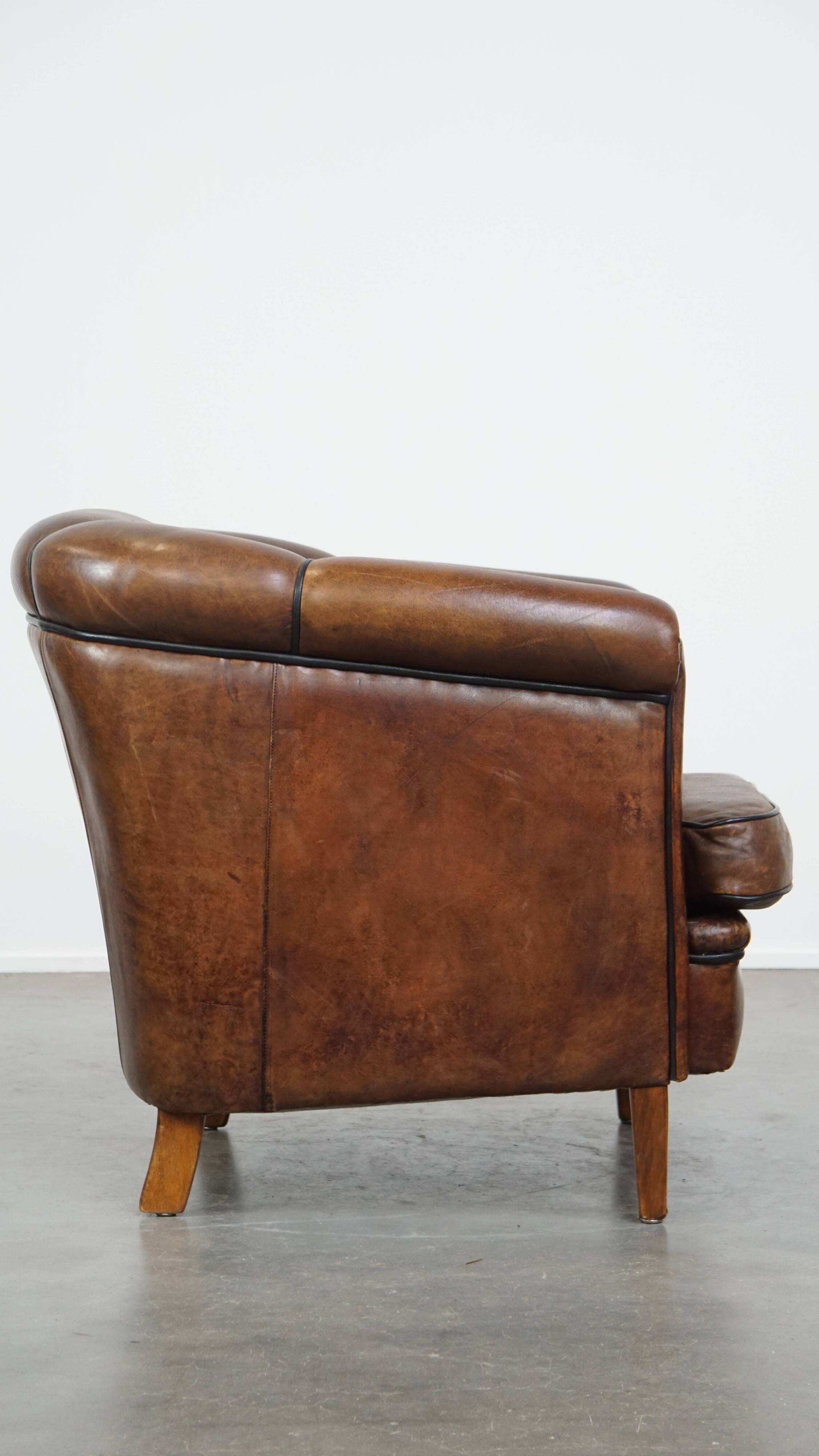 Dark Sheepskin Leather Club Chair with Black Piping