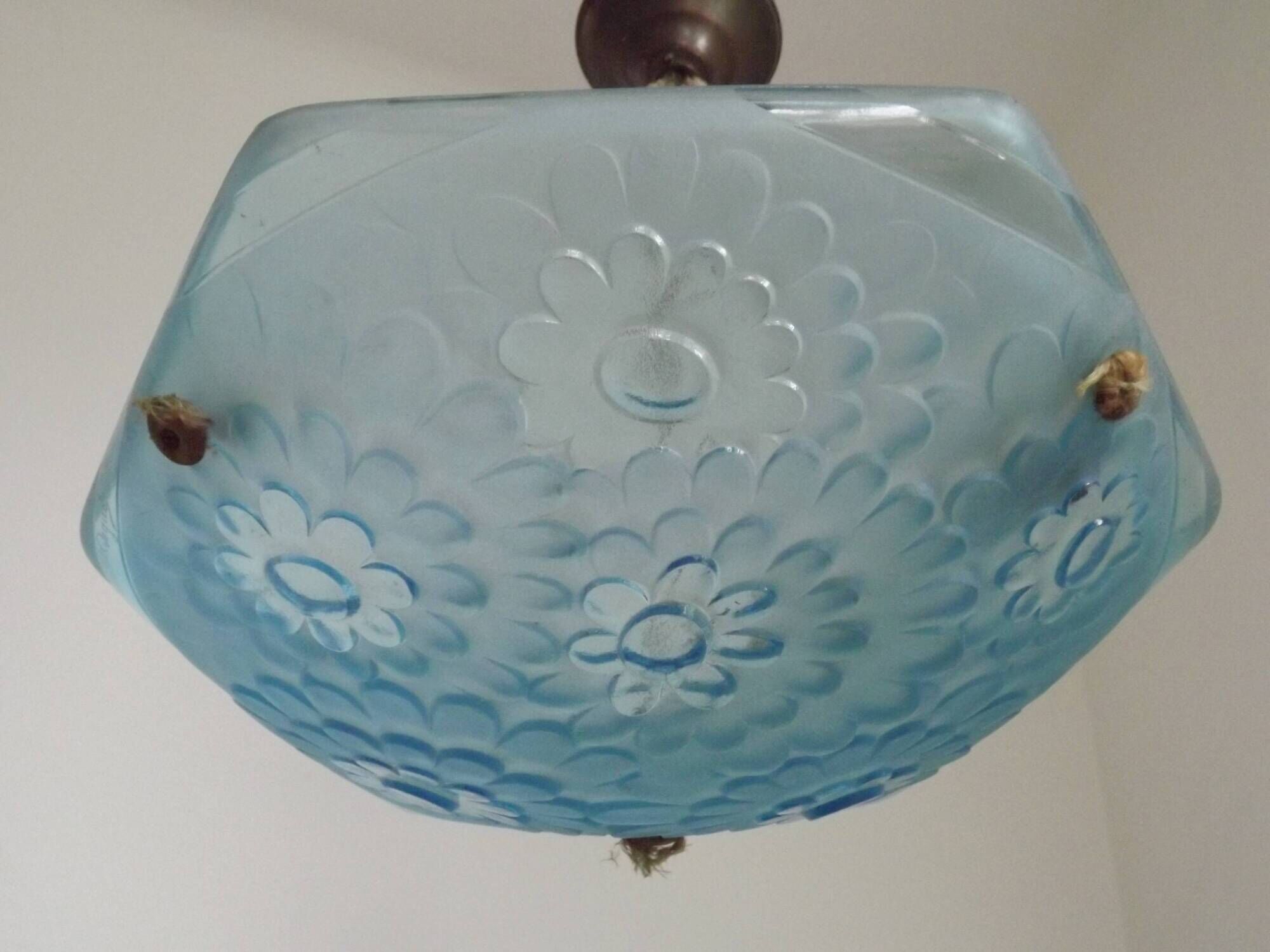 French Art Deco Degué Ice Blue Hexagonal Glass Pendant Ceiling Light