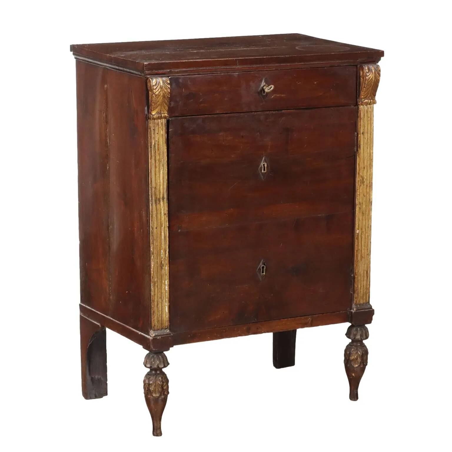 Empire bedside table in walnut with drawer, Italy, 19th century.