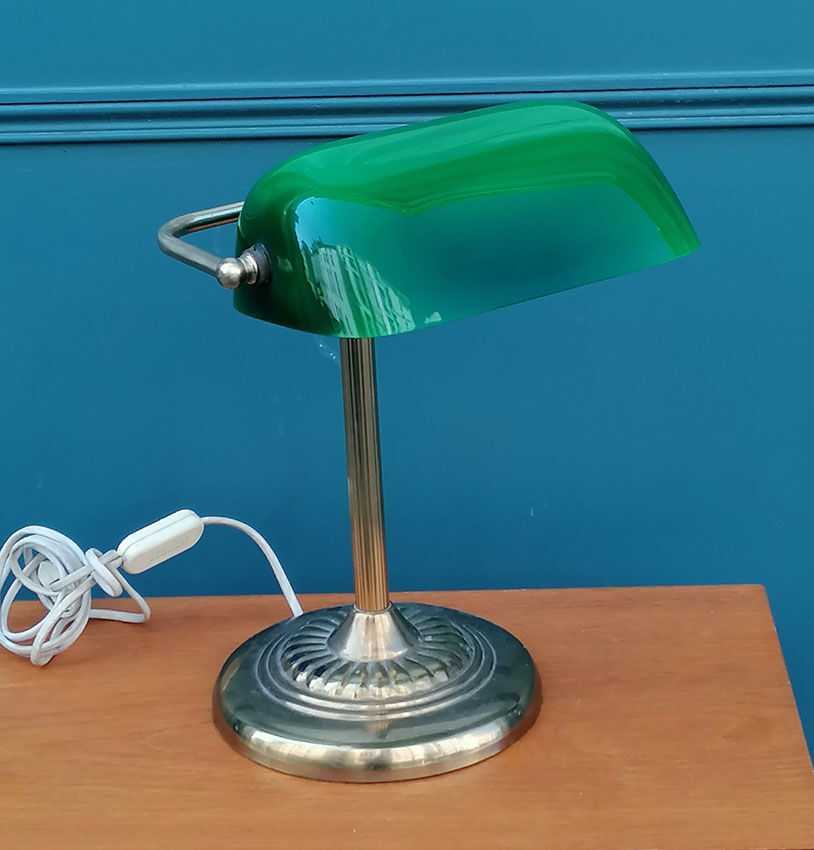 Notary lamp in brass and green opaline, 1950