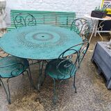 Garden furniture green wrought iron table two chairs and two armchairs