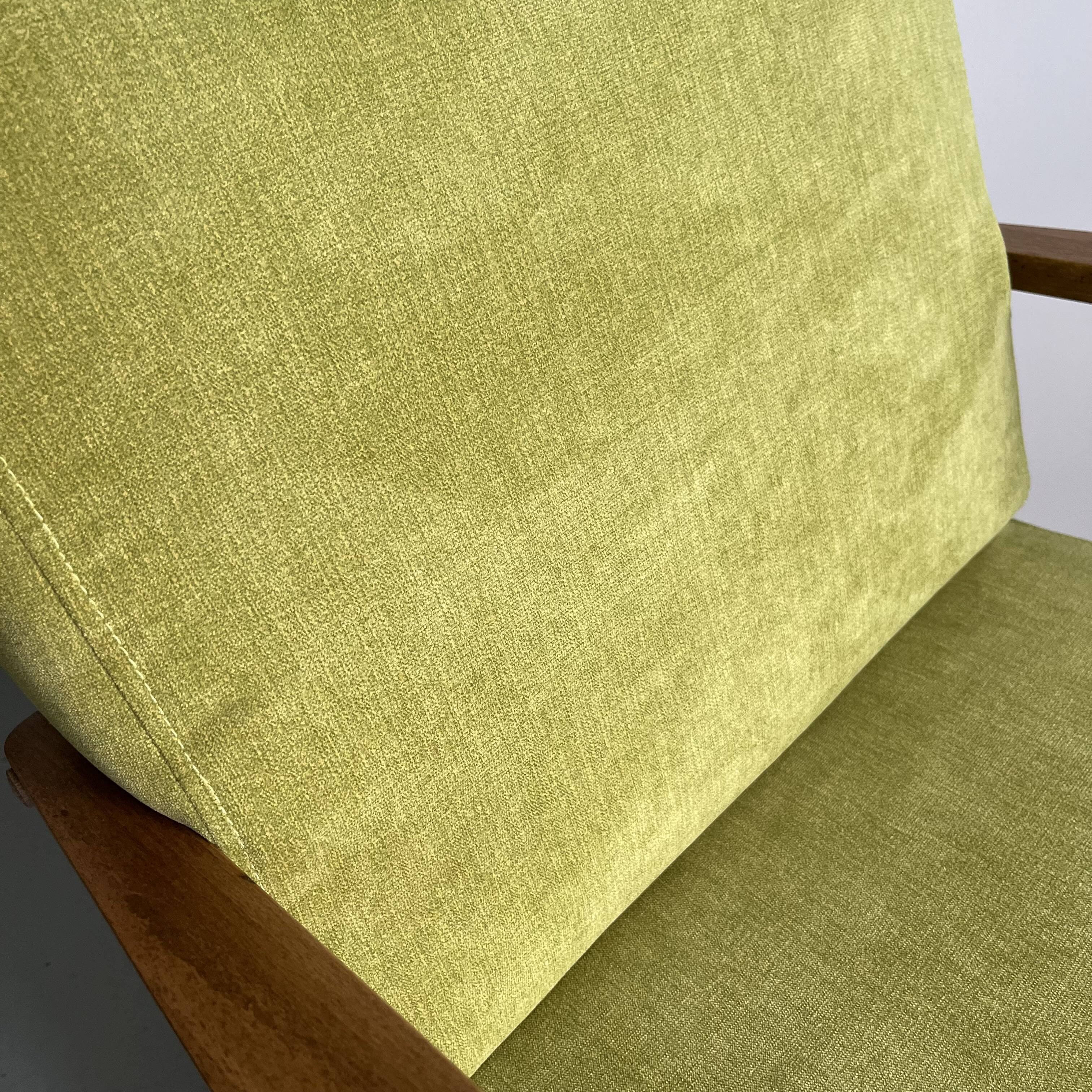 Vintage Mid-Century Modern Armchair: Lime Green Fabric and Beech Wood Frame