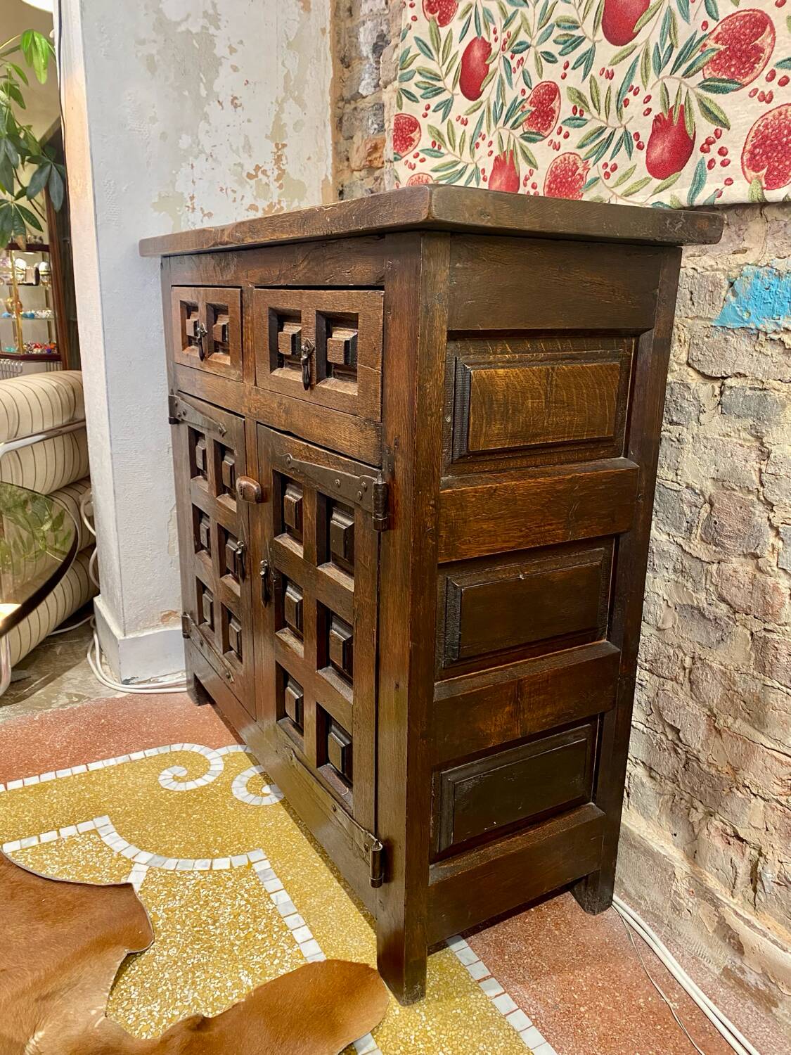 Brutalist geometric carved Spanish sideboard