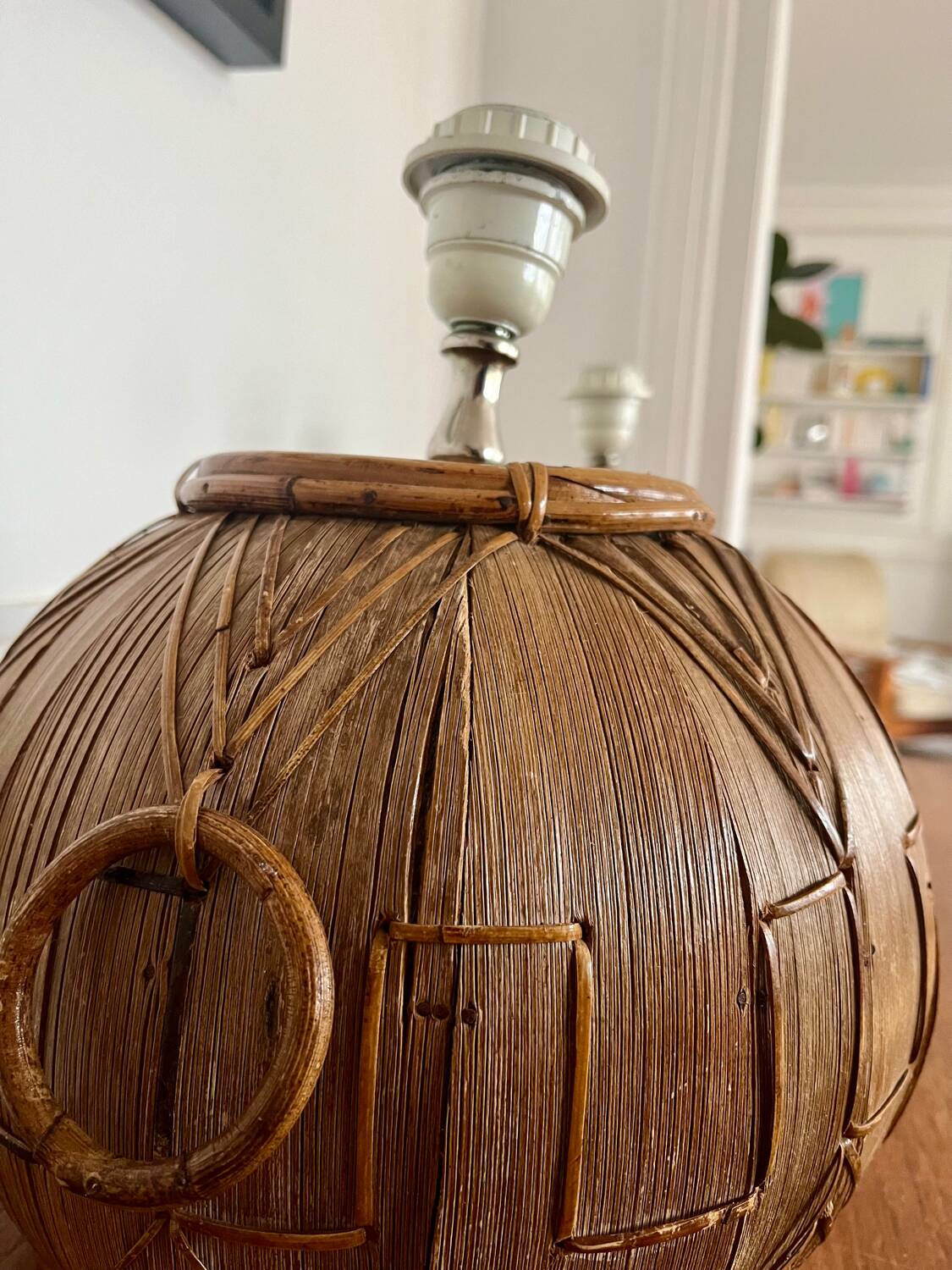 Pair of vintage rattan ball lamp bases