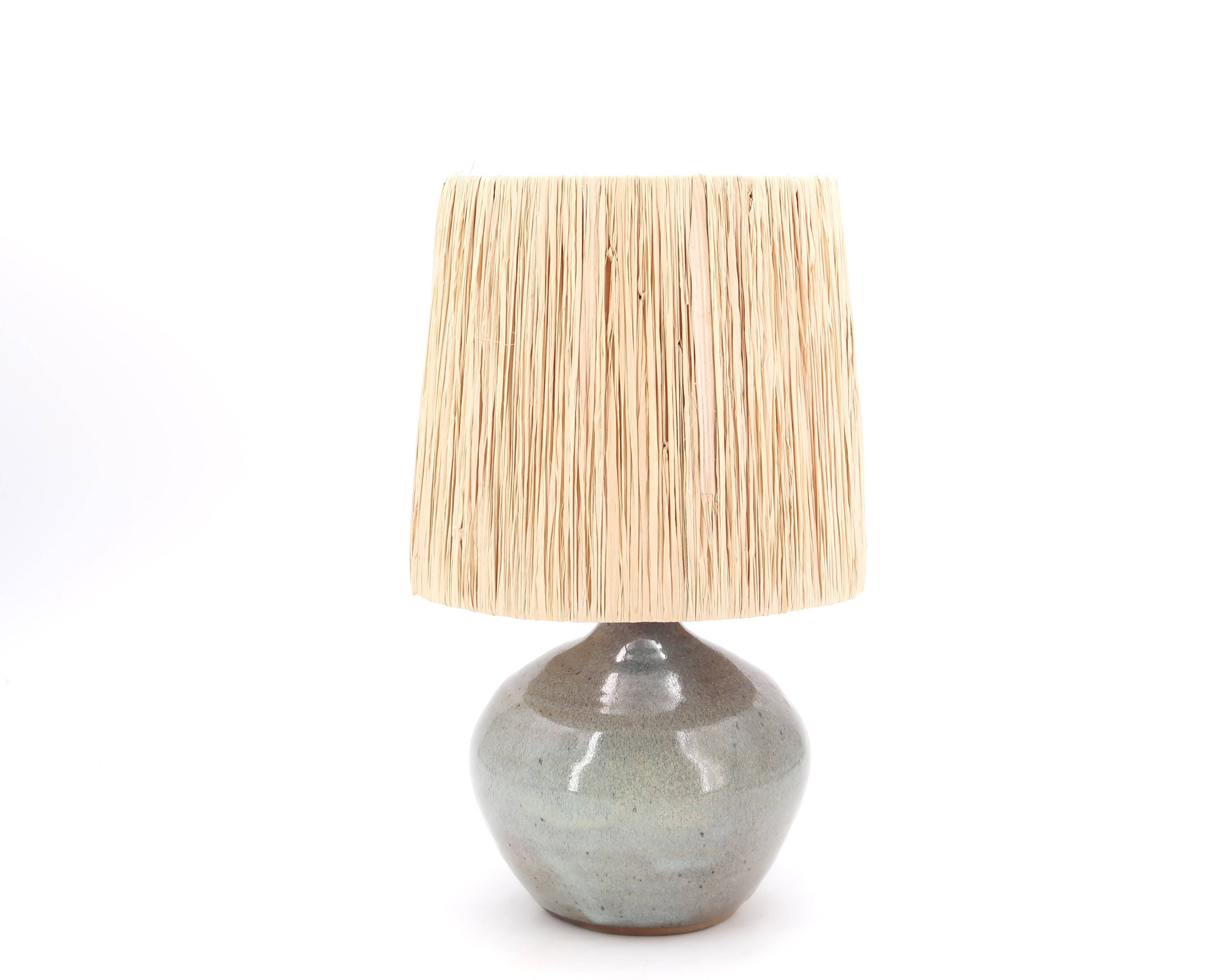 Grey-blue ceramic lamp, raffia lampshade, 1960s
