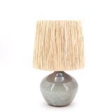 Grey-blue ceramic lamp, raffia lampshade, 1960s