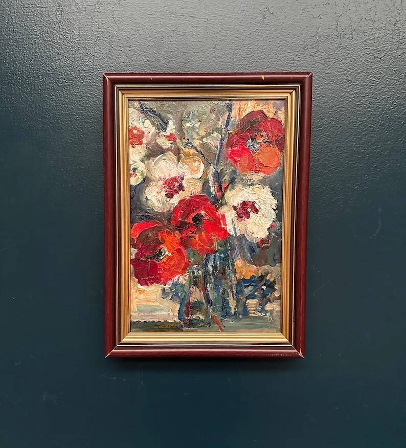 Swedish Oil on Canvas“Red Poppies and White Blossoms” by L. Stokes, Vintage