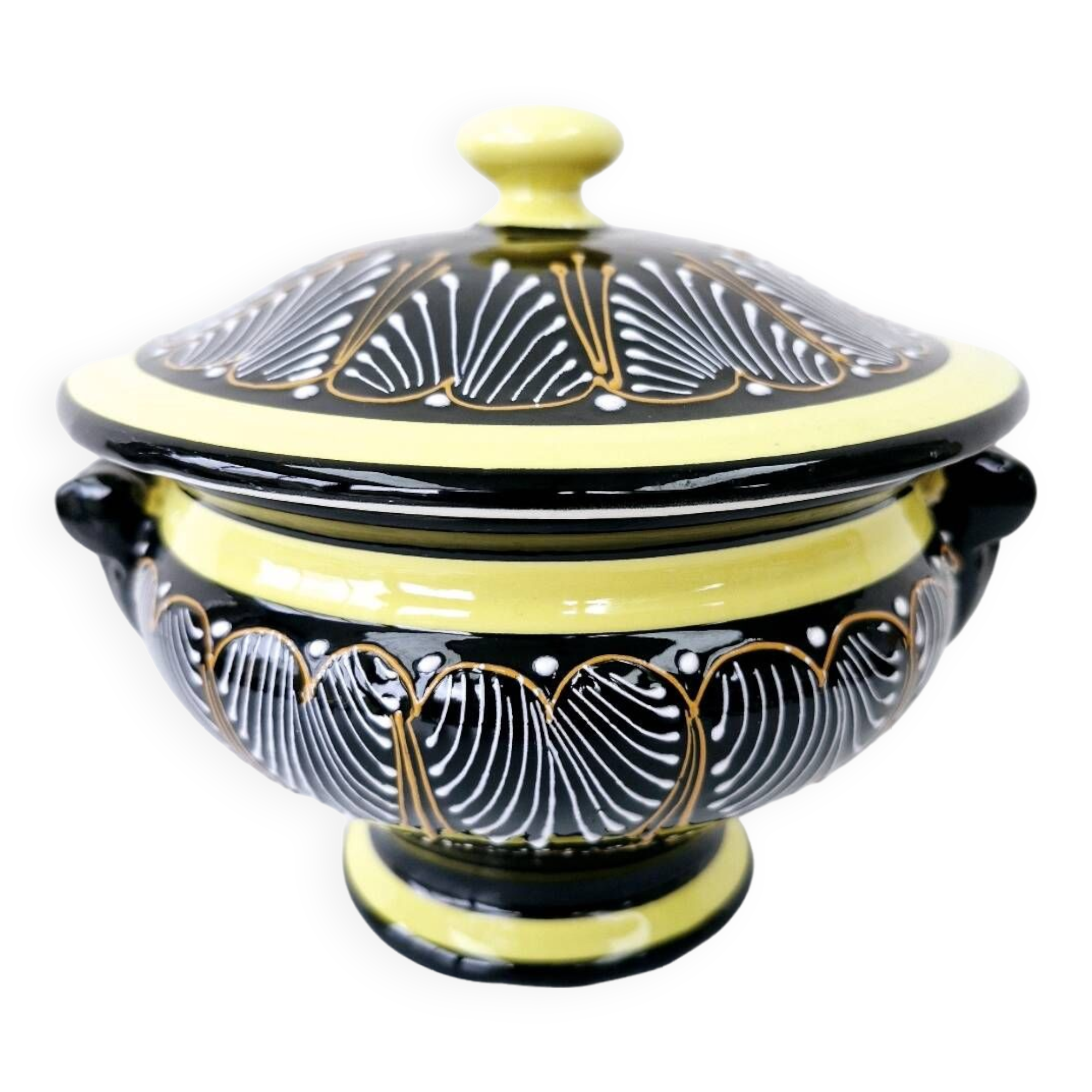 Large Breton Bowl HB Quimper Beaded Black And Yellow Earthenware Lid Handle