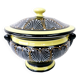 Large Breton Bowl HB Quimper Beaded Black And Yellow Earthenware Lid Handle