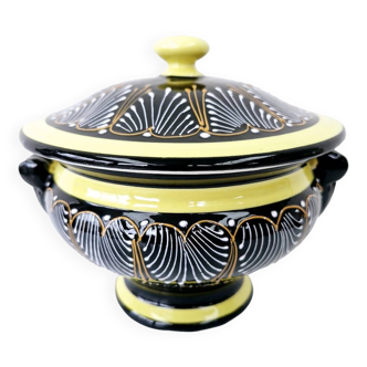 Large Breton Bowl HB Quimper Beaded Black And Yellow Earthenware Lid Handle