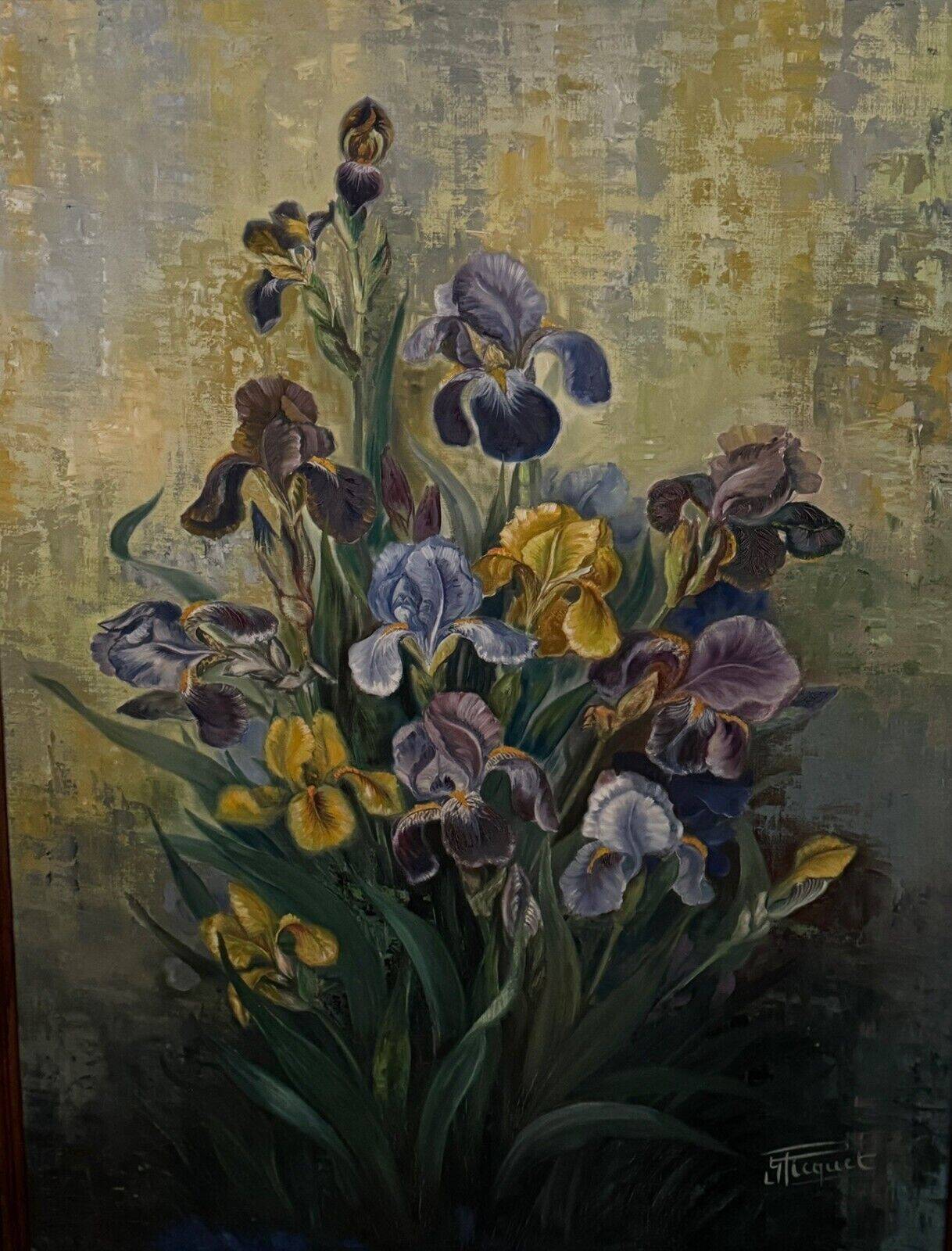 Huile sur toile par Picquet nature morte bouquet d'iris XXe