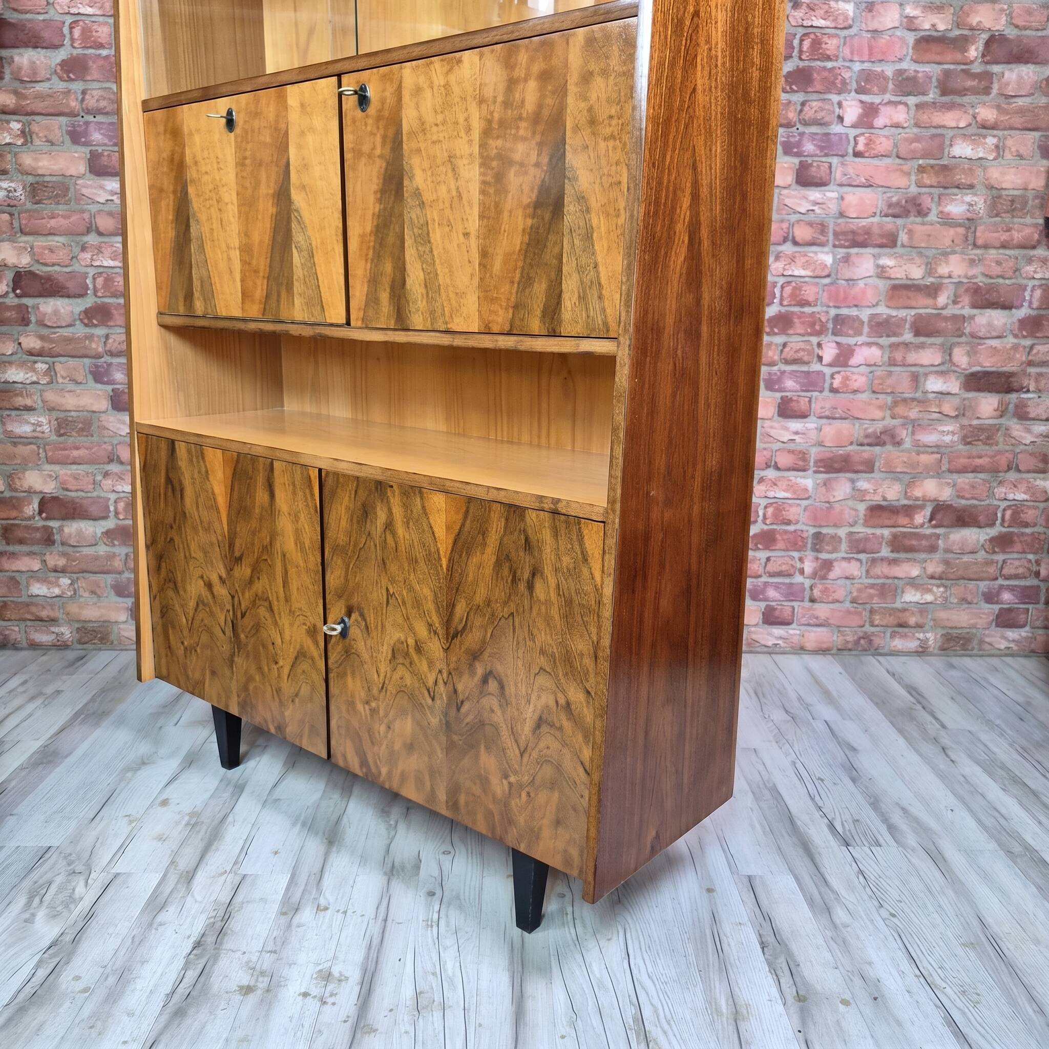 Restored Mid-Century Tapered Highboard Bar Cabinet  in Walnut & Mahogany