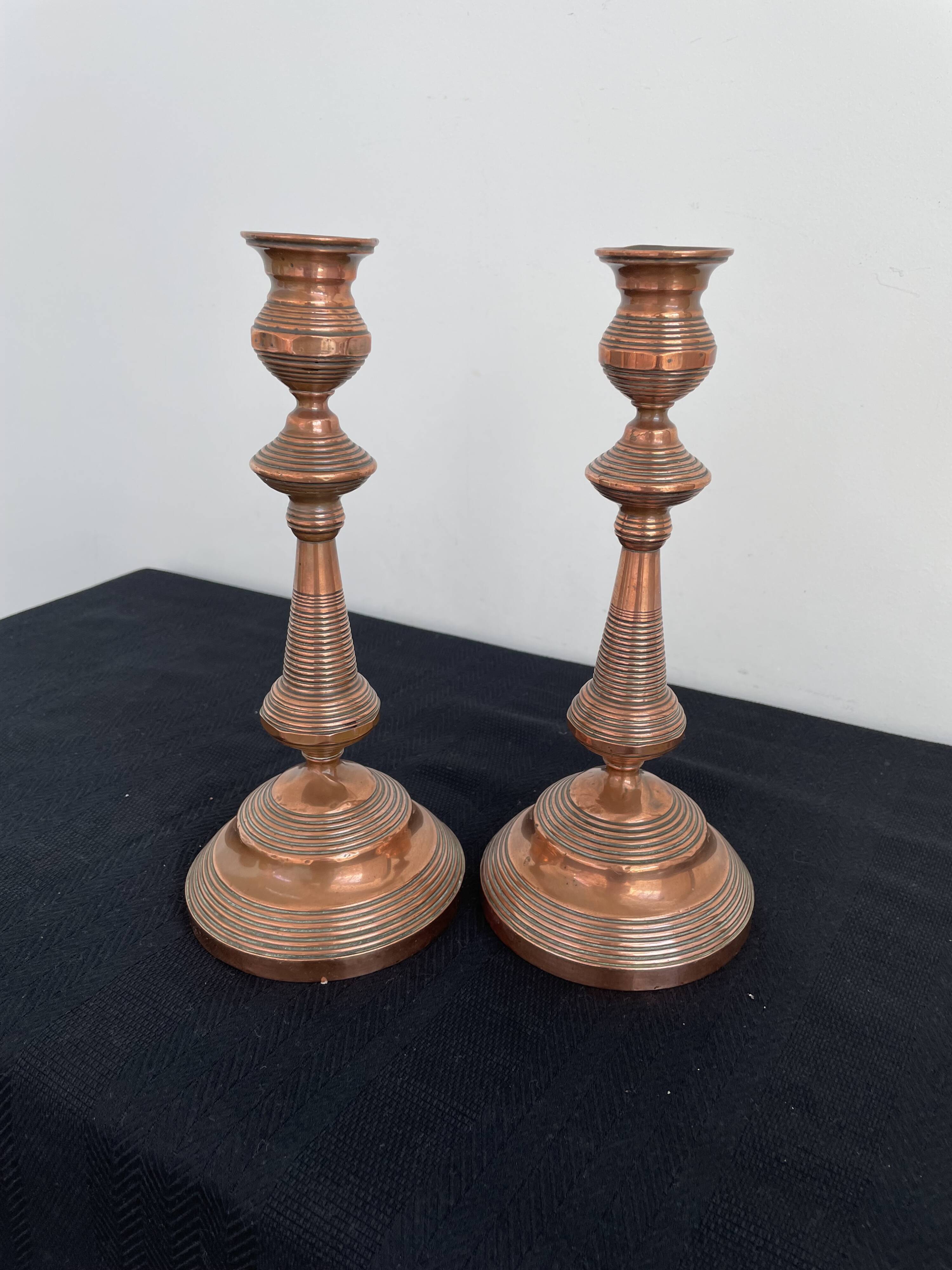 Antique, pair of candle holders, copper, brass, candle, goldsmith hallmark, old, large, massive, France