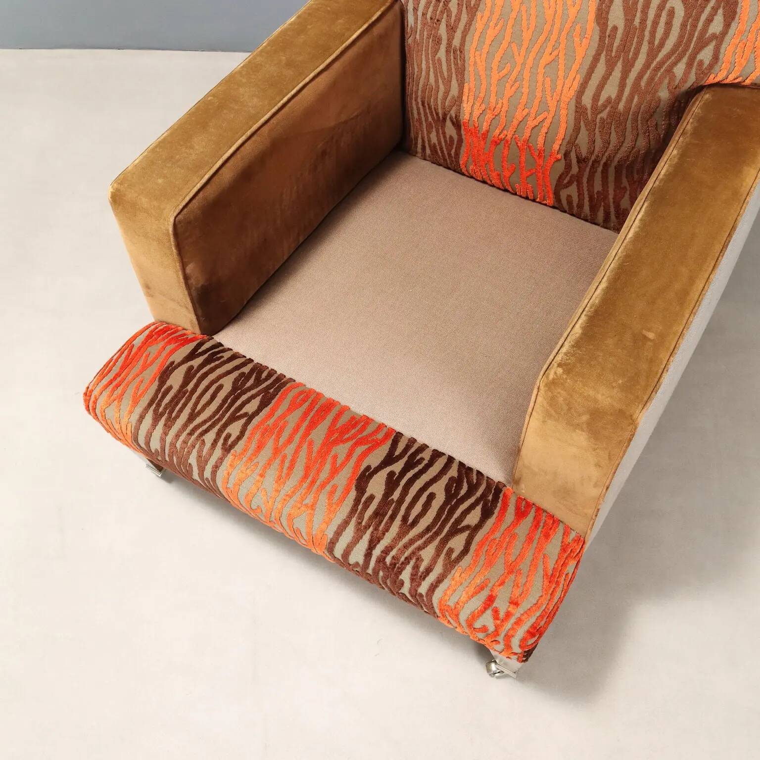 Pair of antique armchairs with velvet and fabric poufs, Italy, 20th century