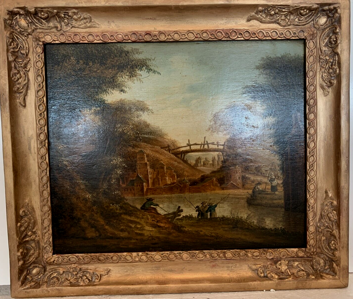 Oil on oak panel animated landscape xix century