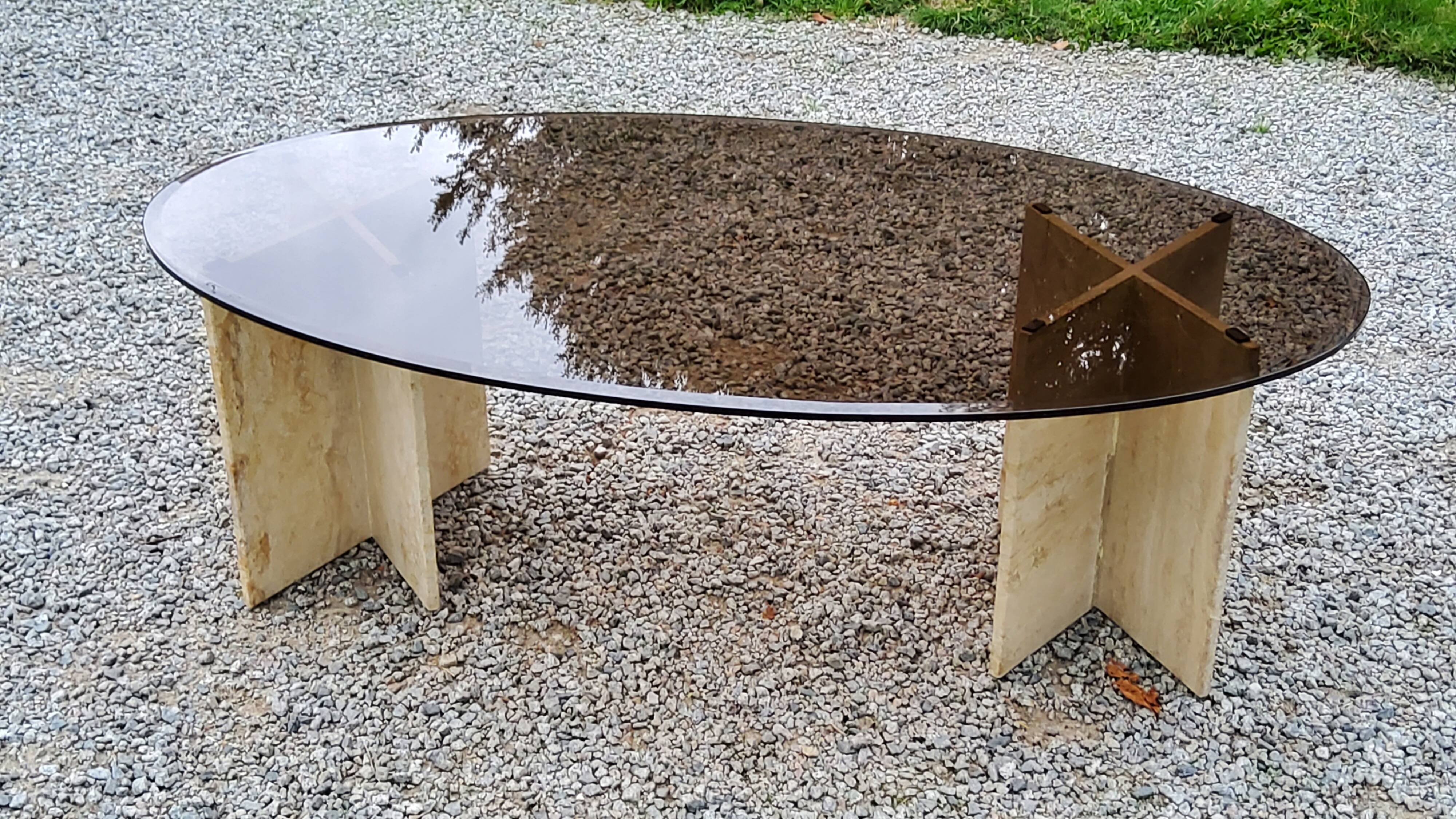 70s travertine and smoked glass designer coffee table