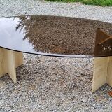 Table basse design en travertin et verre fumé des années 70