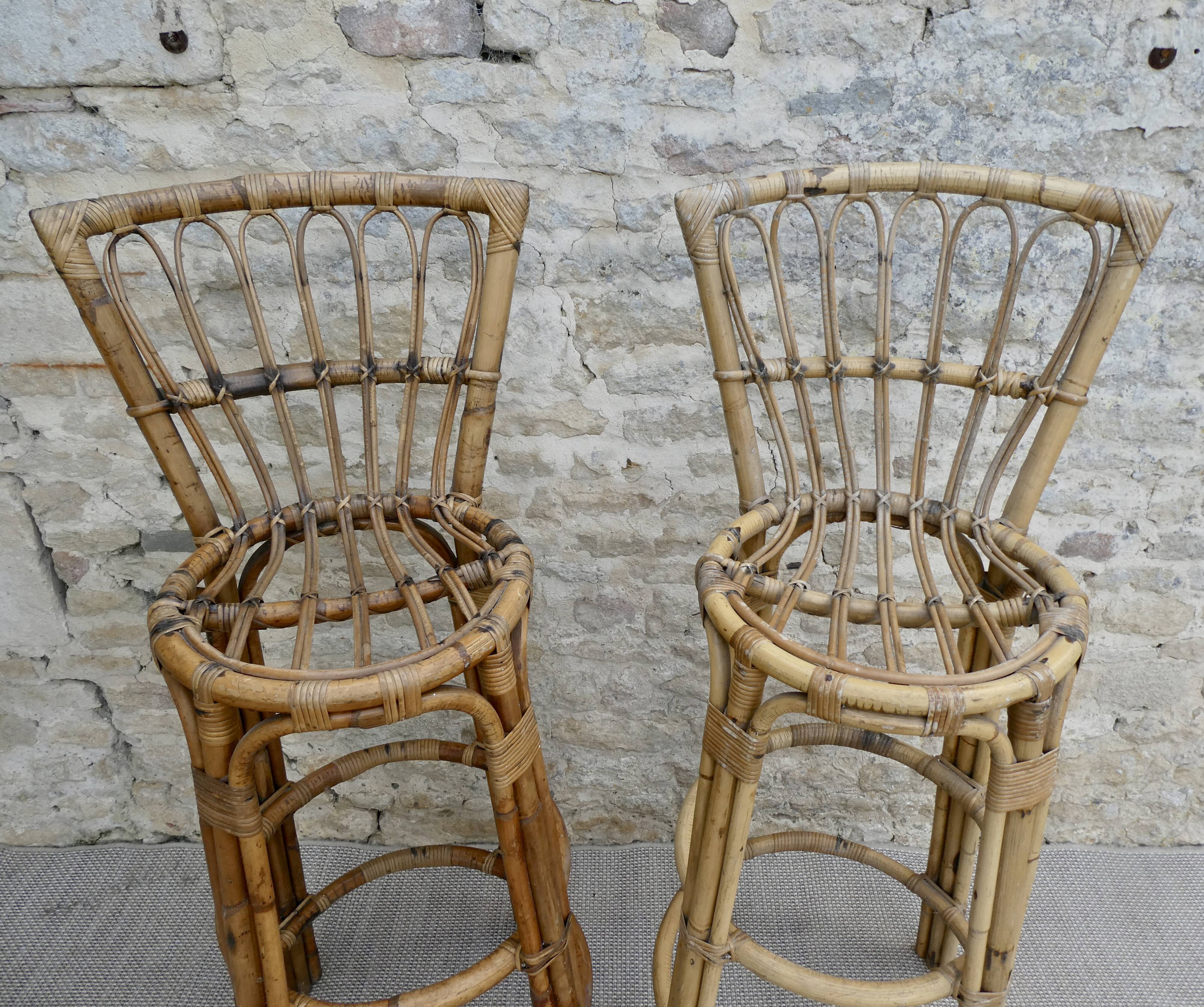 Pair of high stools, bar, rattan with back
