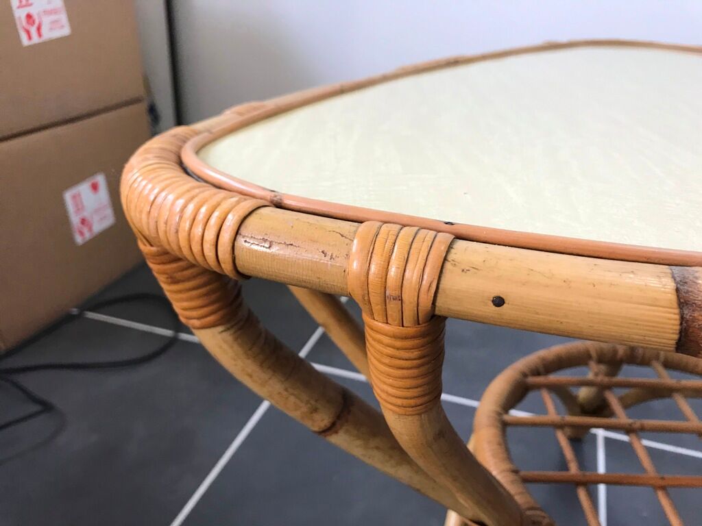 Table basse rotin et formica vintage 1970