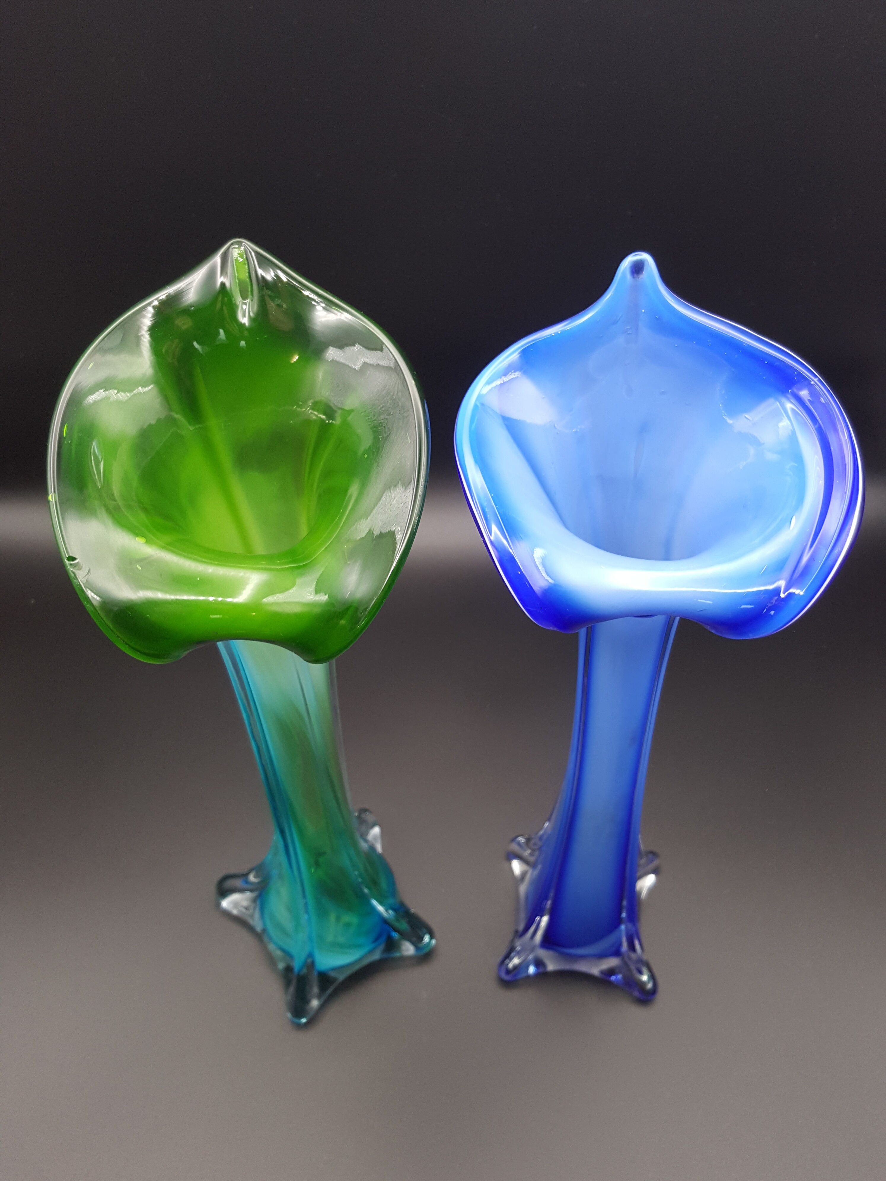 Paire de vases en verre soufflé soliflore vert et bleu