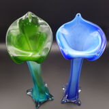 pair of blown glass vases green and blue soliflore