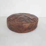 Large vintage round leather ottoman, The Netherlands