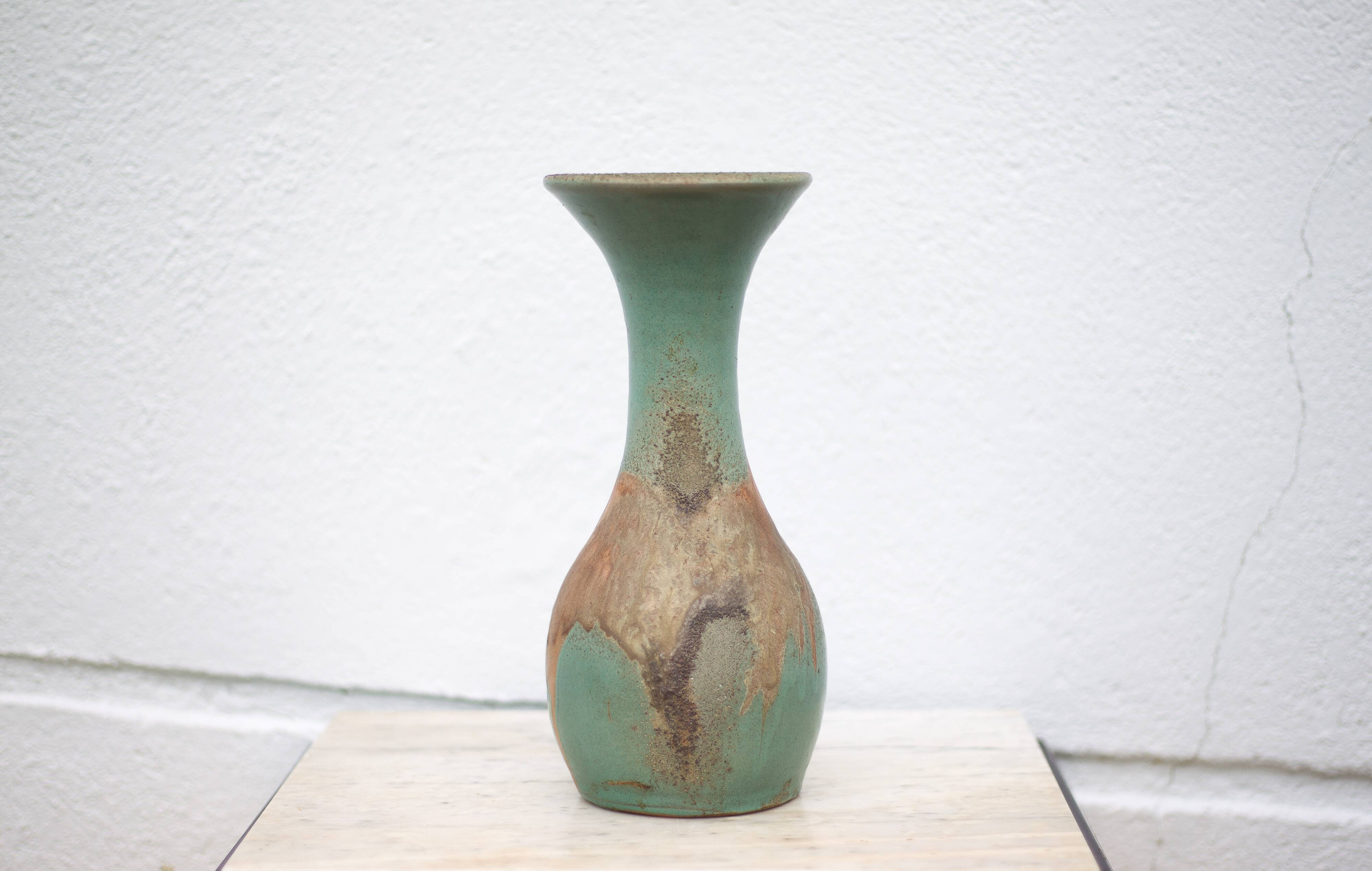 Vintage vase, raku style baluster vase, large neck vase, cetadon green ceramic vase