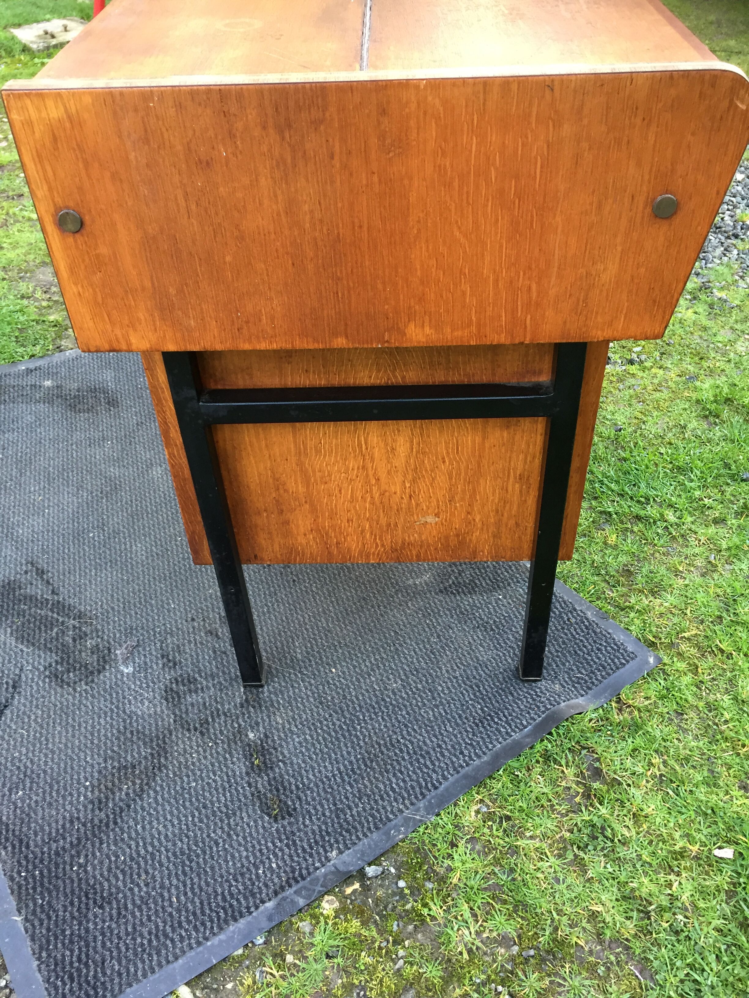 Vintage oak console desk table with square metal tube base (knitting machine)