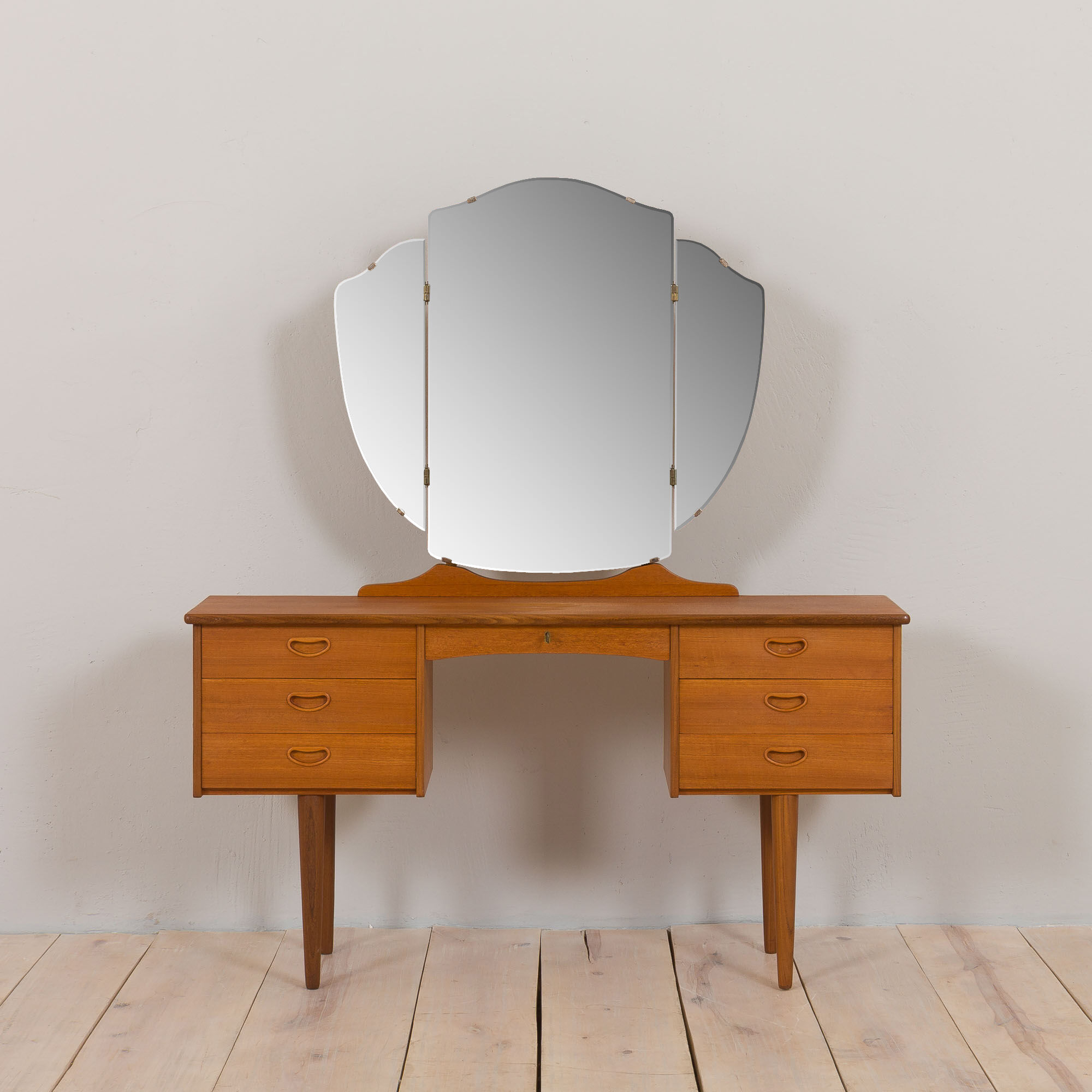 Vintage Scandinavian teak dressing table with adjustable mirrors and 7 drawers, Denmark 1960s