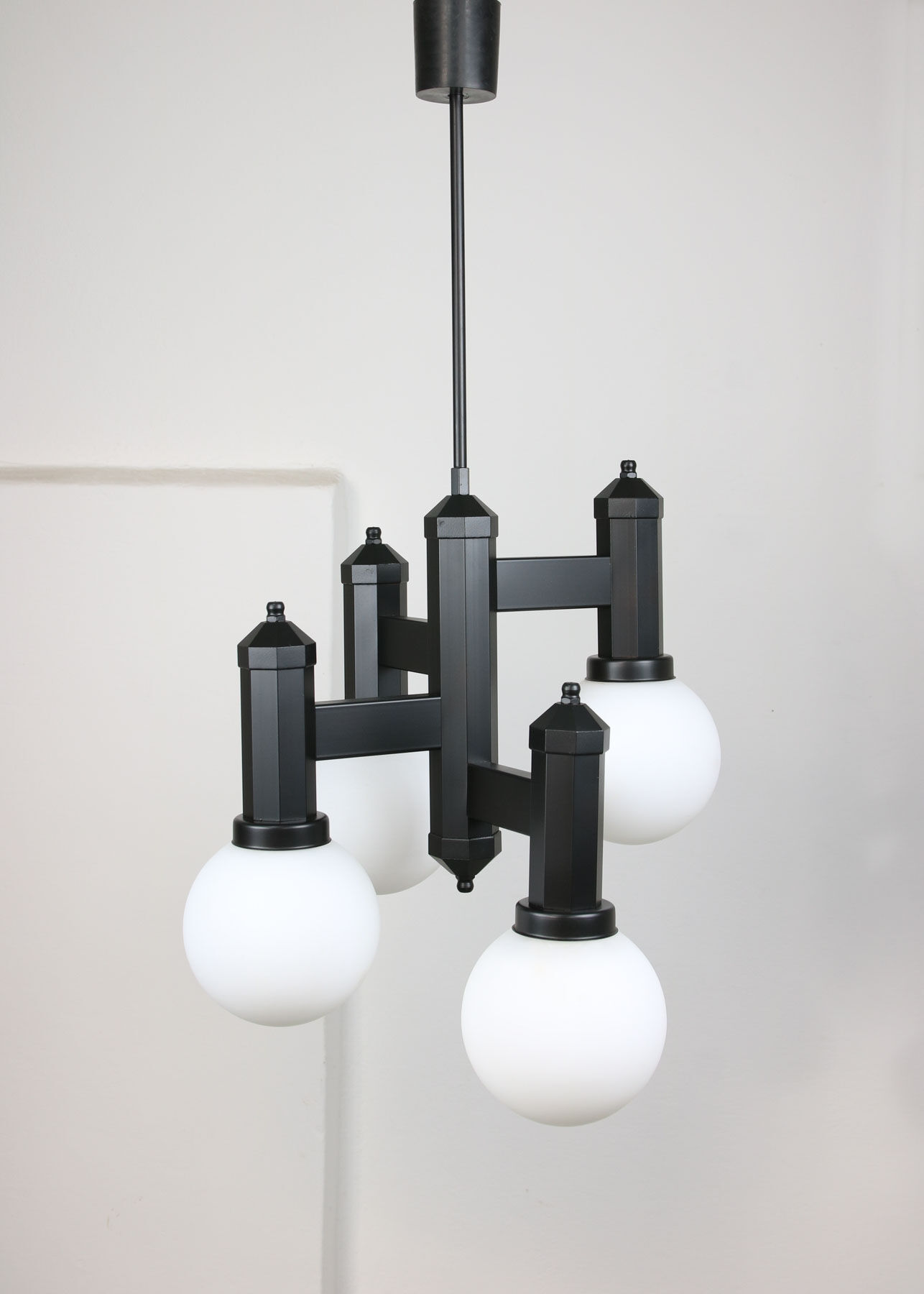 Vintage Geometric Black and Opaline Glass Ceiling Lamp
