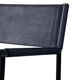 Pair of bar stools with navy blue backrest and metal frame.