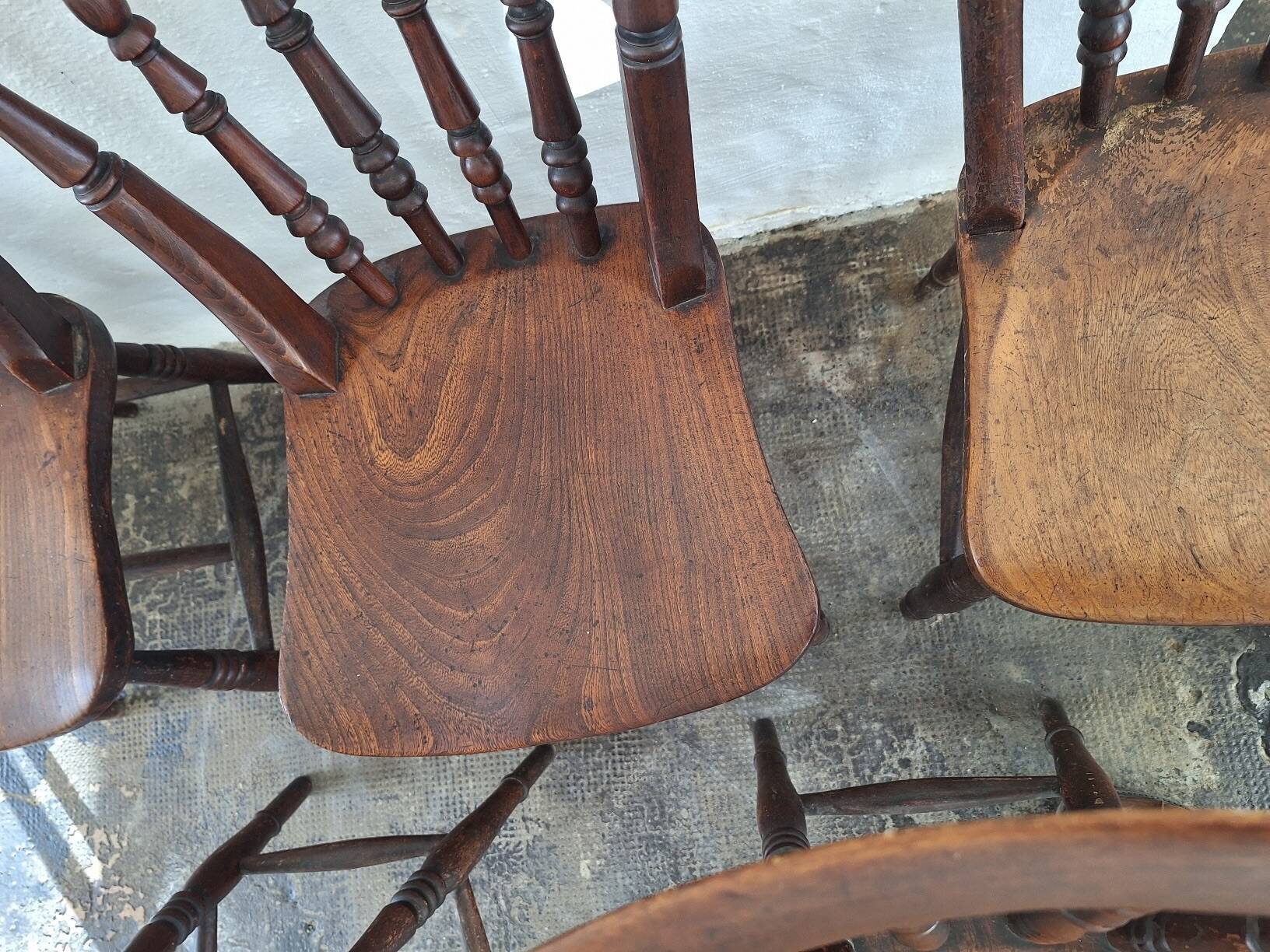 Antique set of 6 farmhouse patinated oak dining chairs, 19th century
