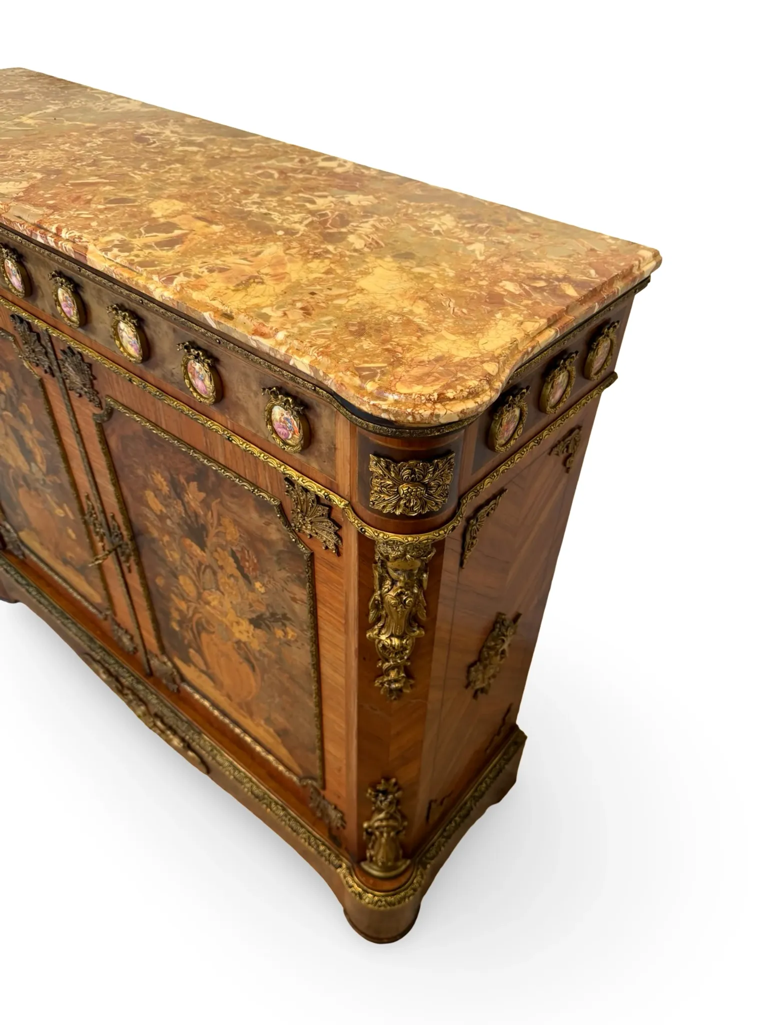 An antique French Louis XVI-style marble-top side cabinet