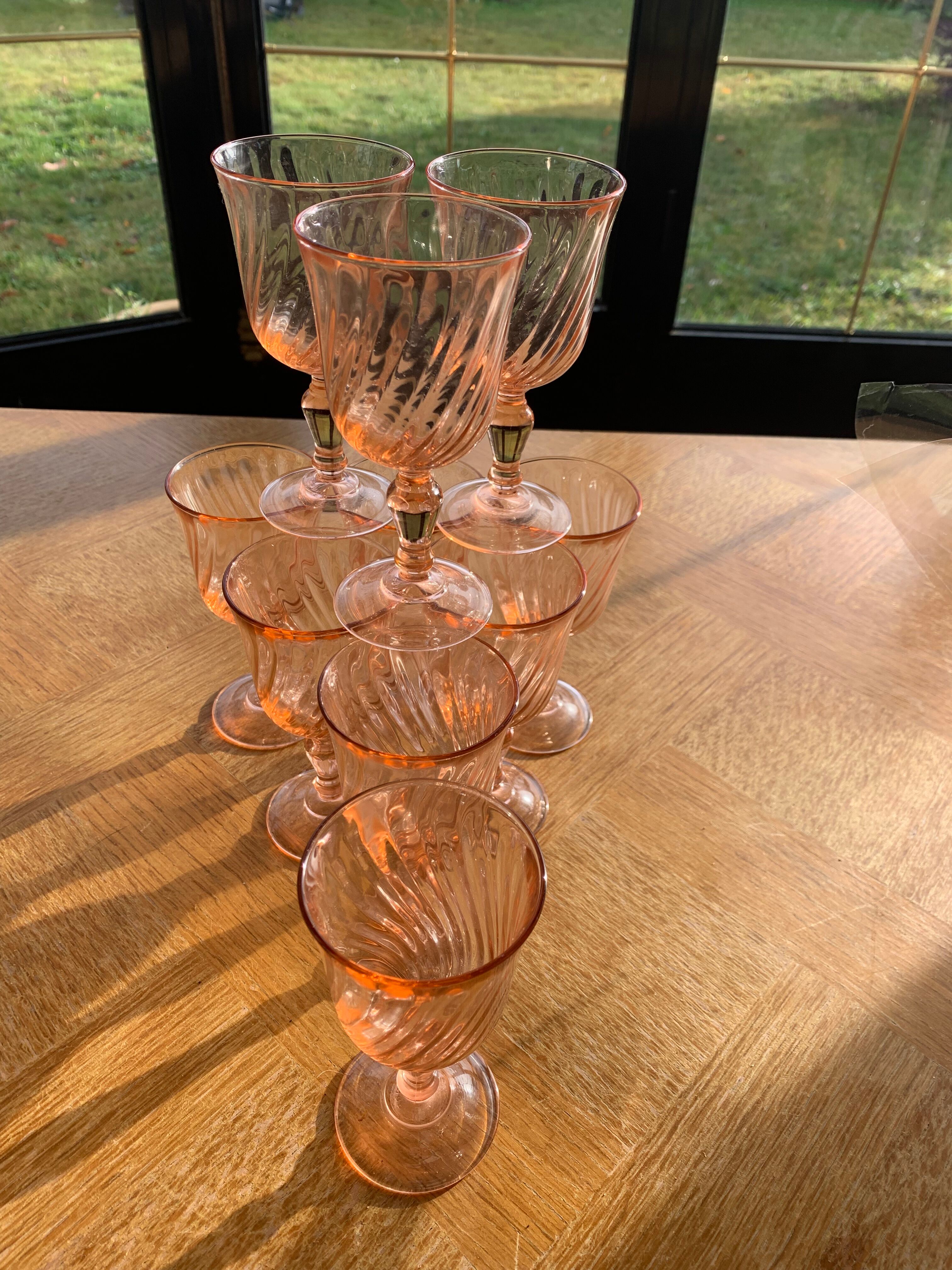 10 vintage rosaline pink glass wine glasses