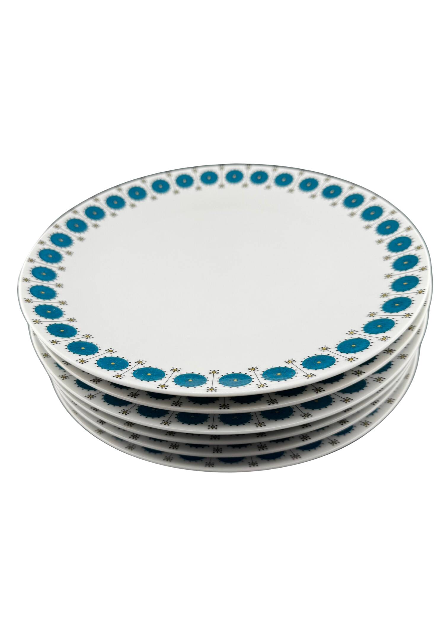 Vintage Thomas Germany flat plates, geometric blue rosette design.
